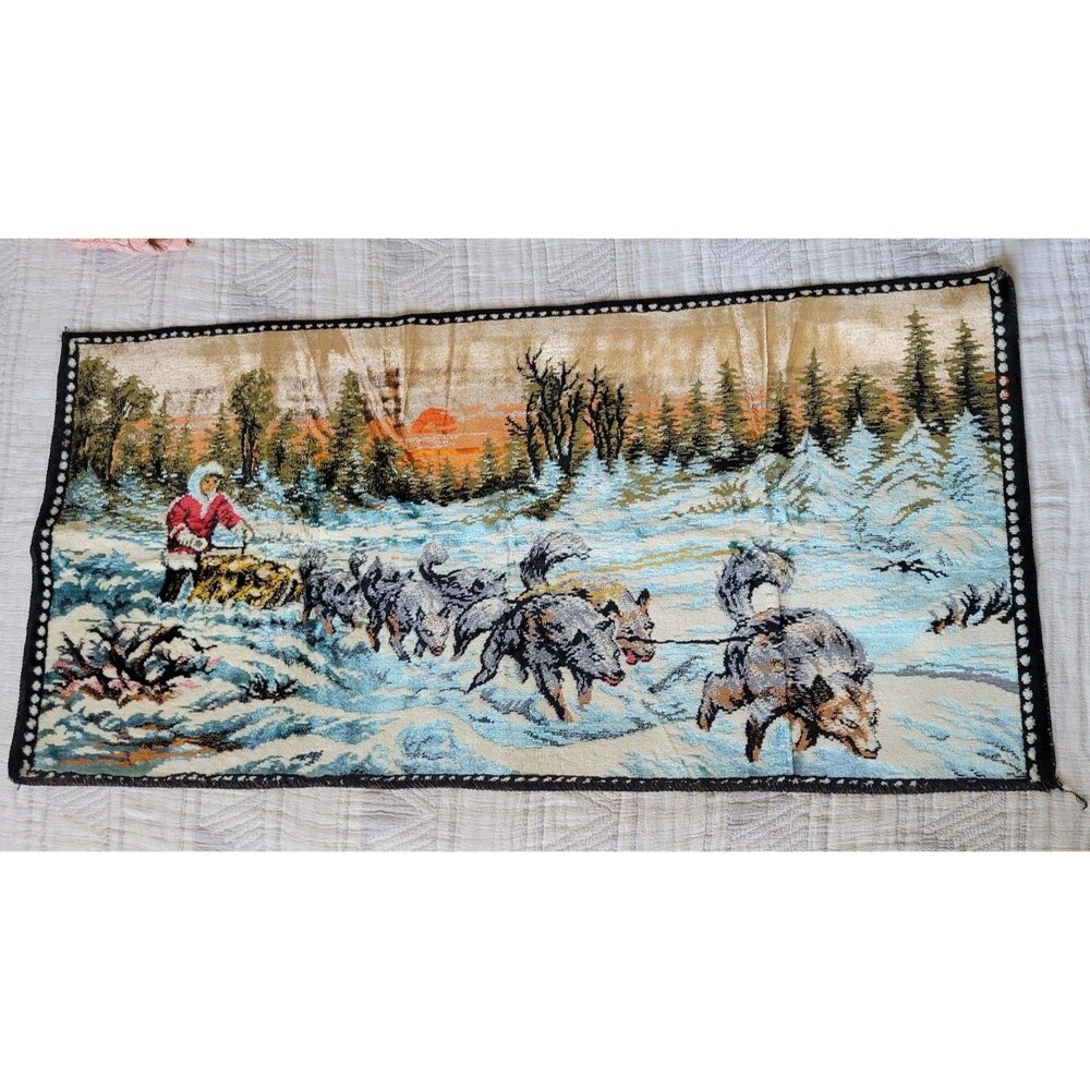 Vintage Italian Woven Tapestry Wall Hanging Sled Dog Musher Winter Scene 36x23